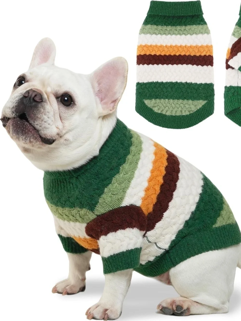 Green Striped Knit Dog Sweater Turtleneck Winter Pet Pullover Medium